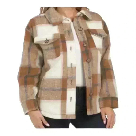 Avec Les Filles NWT Cognac Plaid Oversized Shacket Neutral Brown Button Down S - Picture 2 of 9